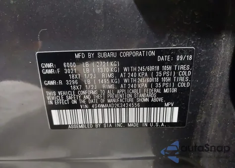 2019 Subaru Ascent from USA, damaged, VIN 4S4WMAAD2K3424556